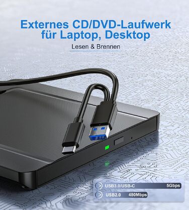 Зовнішній CD/DVD привід USB 3.0 та USB-C, ультратонкий оптичний накопичувач CD DVD +/-RW ROM для ноутбука, ПК, MacBook (Windows, macOS, Linux), чорний