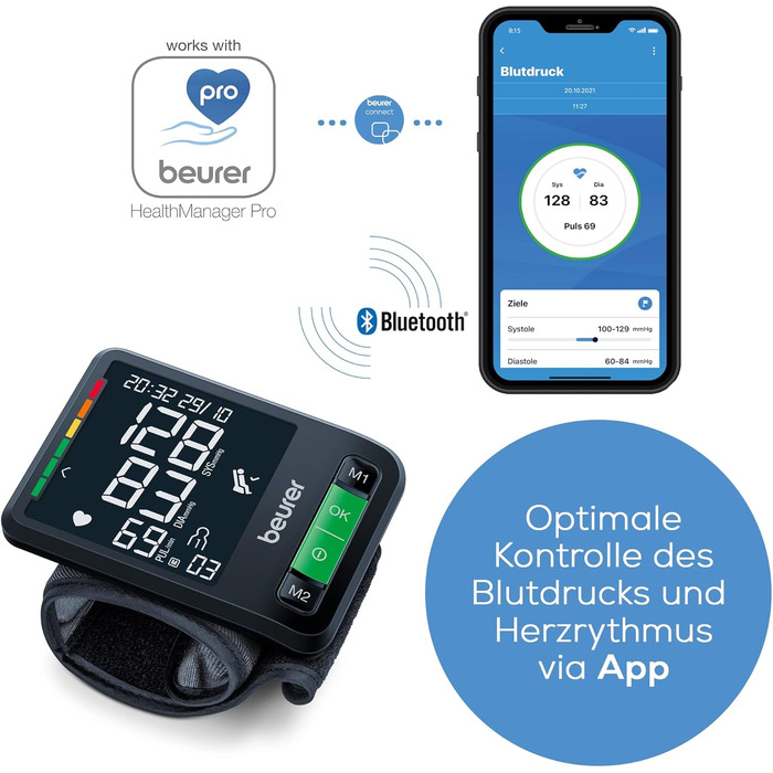 Тонометр на зап'ястя Beurer BC 54 з технологією Inflation, індикатор ризику, виявлення аритмії, об'єм зап'ястя 13,5-21,5 см, з додатком, передача даних до Apple Health та ін. 2 x 60 місця для пам'яті (2 x 120 місця, Single)