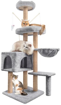 Кліматичний комплекс для котів Kratzbaum 145 см: кігтетопка, ігровий майданчик, ліжко, печера, платформи, сізалова колона, сірий колір