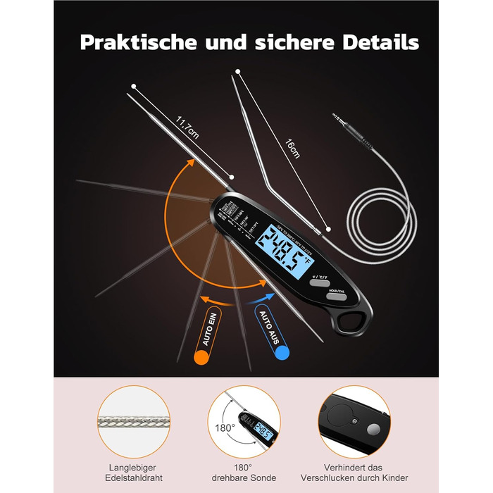 Термометр для м'яса Babacom з миттєвою індикацією та двома зондами, термометр для запікання з налаштуванням тривоги та калібруванням, термометр для гриля для кухні, духовки, цукру, рідин, BBQ, чорний