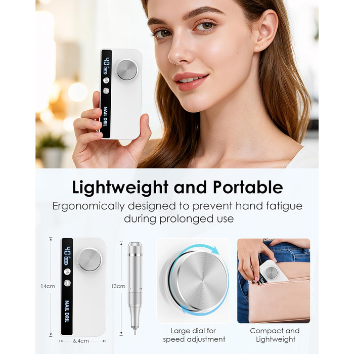 Електричний фрезер для нігтів з LCD дисплеєм, 40000 об/хв, 15 насадок, для манікюру та педикюру, F/R напрямок обертання, для салону та дому (білий)