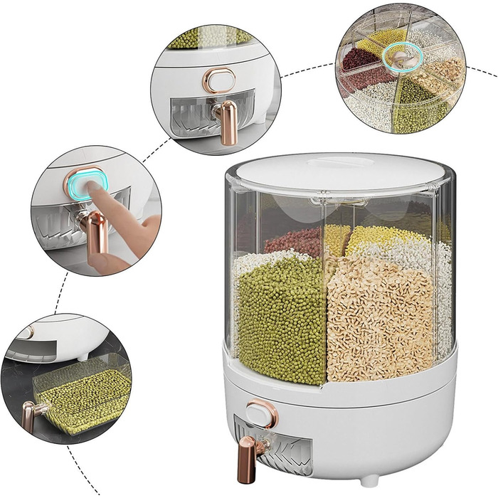 Rotating Food Dispenser – 360 Degree Rotating Dry Food Container, Transparent 6-Compartment Grain Dispenser | Sealed Rice Storage Container with Removable Lid, Storage