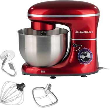 Gourmetmaxx Kitchen Machine with Kneading and Whisking Function | Powerful kitchen machine with a large 5-liter stainless steel bowl and direct drive | Includes whisk attachment, dough hook & beaters [1,500 watts] Metallic Red