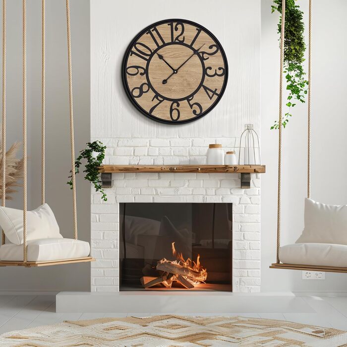 Large Wall Clock Without Ticking, 50 cm / Silent Wood Vintage Wall Clock Retro Battery Powered Modern For Living Room Bedroom, Kitchen, Farmhouse, Office Decoration (14 inch, Black Metal - Arabic Numerals)