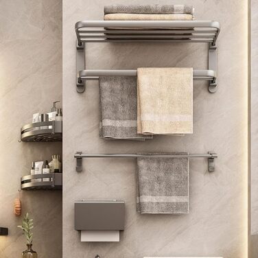 Тримач для рушників на стіну без свердління, з 2 рушниковими перекладинами, алюміній, матовий чорний, 58 см