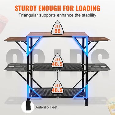 Стіл похідний VEVOR для кухні, алюмінієвий, складний, портативний, з 4 стінками та 2 полицями, з сумкою для перенесення. Для пікніка, грилю, кемпінгу.