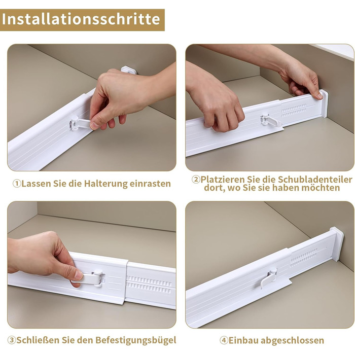 DIMJ 8-Piece Drawer Dividers Adjustable (32.6-56cm) Plastic, Closet Organizer for Kitchen Storage, Bedroom, Dresser, Light (5 Pieces, White)