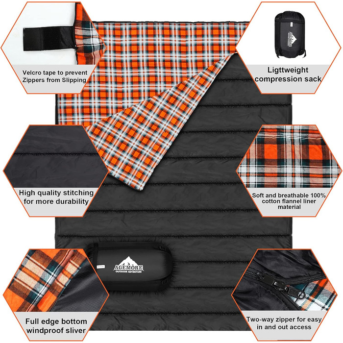 Cotton Flannel Double Sleeping Bag for Camping, Hiking, and Backpacking - Queen Size 2 Person Waterproof Sleeping Bag for Adults & Teens - Lightweight (Black/Orange)