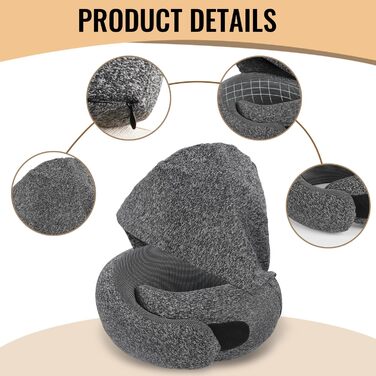 Подушка для шиї в літак з капюшоном, Memory Foam, для подорожей, офісу, авто. Зручно розкладається та зберігається.