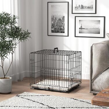 Клітка для собак PawHut, складана, металева, з двома дверцятами та лотком, для маленьких собак, 60x40x50 см, чорна