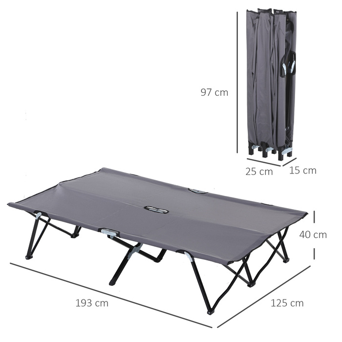 Outsunny Folding Camping Bed for 2 People, Folding Field Bed with Carry Bag, Weight Capacity up to 136 kg, Steel, Oxford Grey, 193 x 125 x 40 cm | Aosom