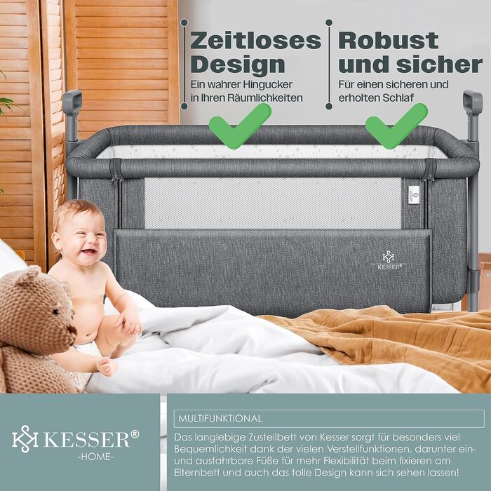 KESSER® Hubi 3in1 Bedside Bed, Travel Bed, Baby Bed with Soft Mattress, Mobile Bed, 5-Level Height Adjustment, Foldable Side Rail for Home and On the Go, Dark Grey