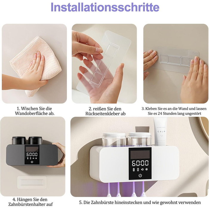 Тримач для зубних щіток Maxspace з УФ стерилізатором, сушаркою, сонячною зарядкою та автоматичним очищенням, настінний, 4 слоти, 2 чашки (білий)