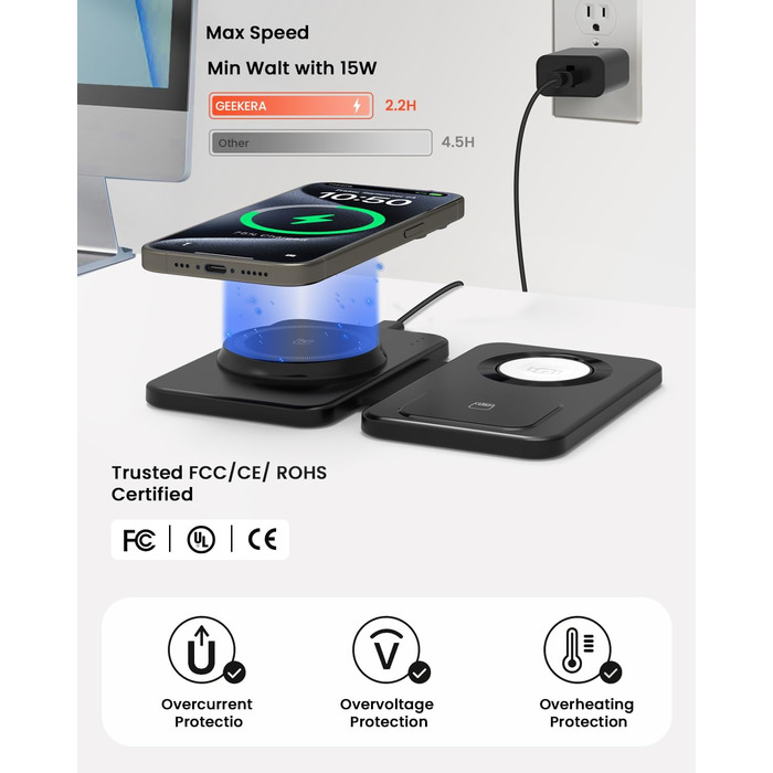 Зарядний пристрій GEEKERA MagSafe 3-в-1: для Apple Watch, iPhone та AirPods (чорний)