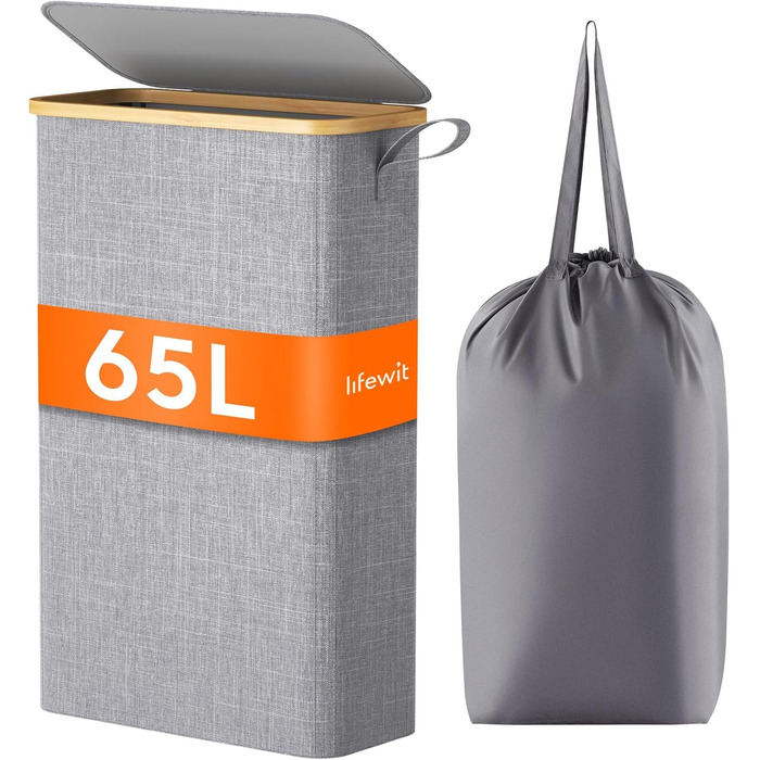 Кошик для білизни Lifewit 65 л з кришкою, складаний, вузький, з мішком для прання, з ручками, з бамбука, для квартири, гуртожитку та кемпера, сірий