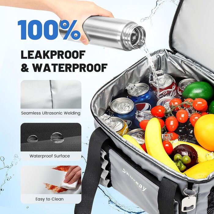 Велика розширювана сумка-холодильник з м'якого матеріалу, двоярусна ланч-сумка для жінок та чоловіків, вміщує 40 банок, вологостійка та портативна – ідеально для пляжу, кемпінгу, подорожей (Сірий)