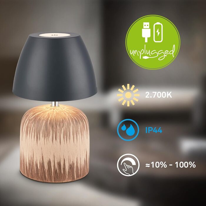 LED лампа BRILONER настільна бездротова IP44 з торканням, регульована яскравість, керамічний цоколь, нічник, лампа для читання, декоративна лампа, настільна лампа, акумуляторна лампа, для вулиці, 13,5x22 см, (антрацит-дерево)