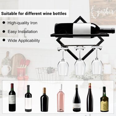 2pcs Metal Wall Mounted Wine Rack Stemware Glass Rack, Foldable Wall Hanging Red Wine Shelf Organizer with 3 Stem Glass Holders, Black Wine Bottle Hanger for Home Kitchen Bar Wall Decor