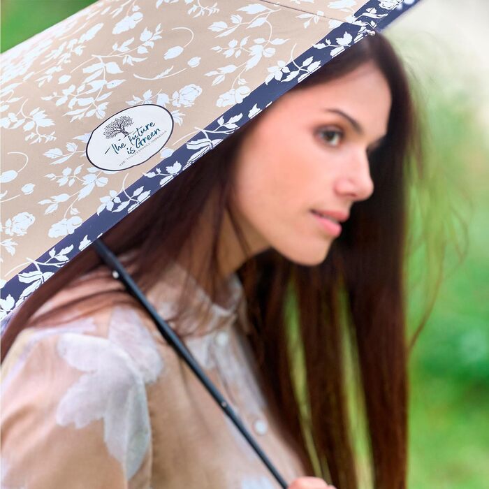 Perletti Green Eco Women's Umbrella - Large Automatic Rain Umbrella with Recycled Materials & Floral Design (102cm Diameter)