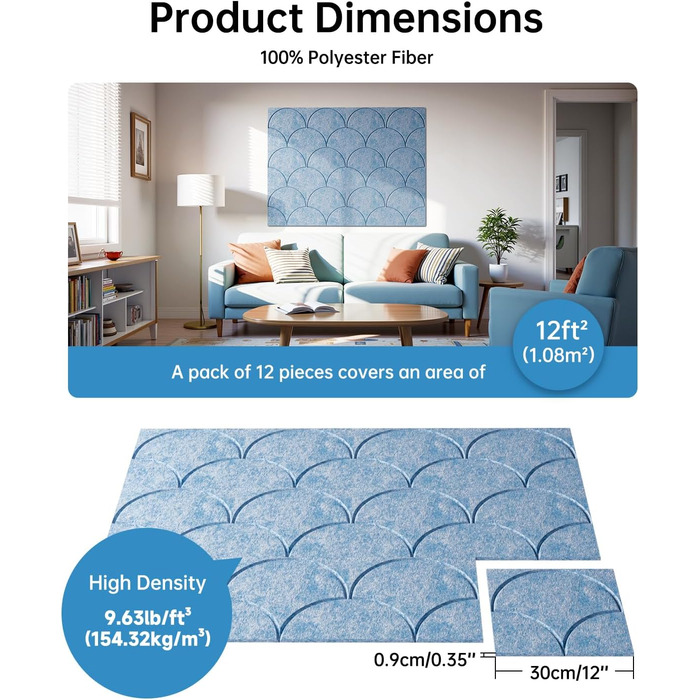 Акустичні панелі Soundsbay 12 шт., самоклеючі звукопоглинаючі плити з поліестеру для шумоізоляції та декору стін, 30x30x0.9 см, небесно-блакитний колір