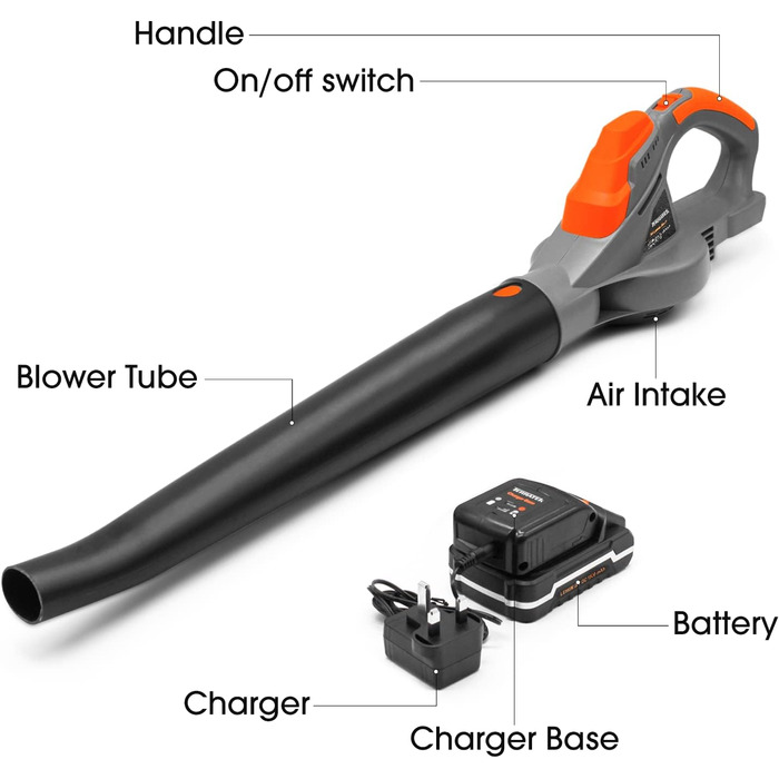 Terratek Leaf Blower, cordless, 20 V, 1 hour, fast charging, handheld leaf blower, powerful, lightweight, cordless leaf blower, garden blower with 1 x battery and charger included