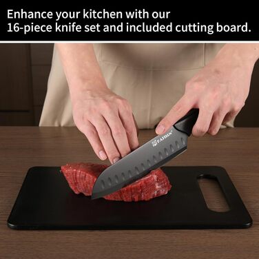 KATISUN 16-Piece Japanese Steel Knife Set with Block - Includes Sharpener, Cutting Board & Kitchen Shears - Dishwasher Safe
