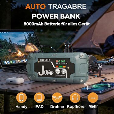 Бустер для автомобіля 7000А Jump Starter Powerbank 12V для бензинових (8л) та дизельних (6.5л) двигунів, пусковий пристрій з LED-ліхтарем та набором аксесуарів, зелений
