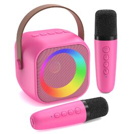Караоке машина з 2 мікрофонами Bluetooth для дітей та дорослих, рожева. Подарунок для хлопчика 3-15 років, з диско-підсвіткою для вечірок