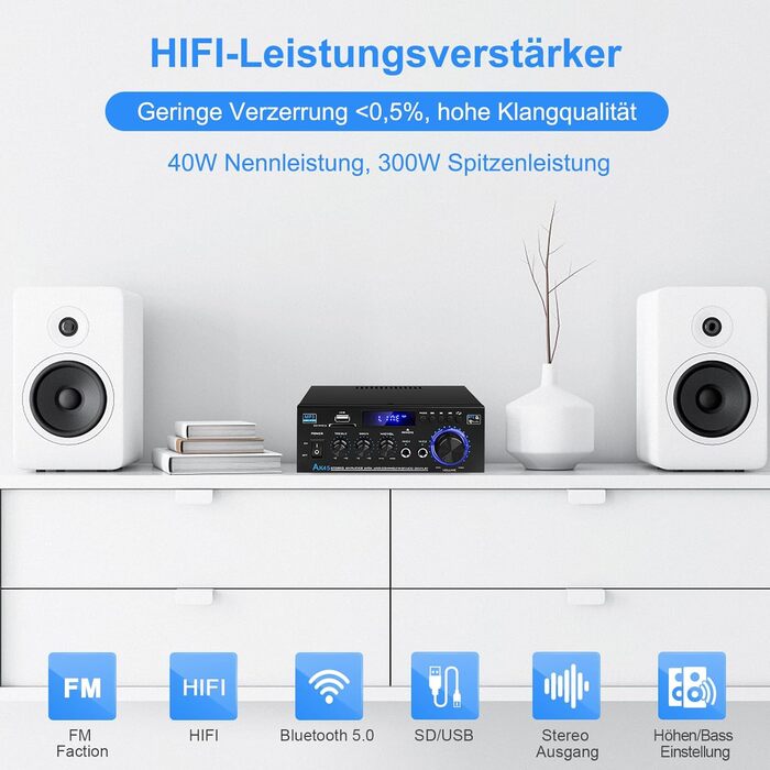 HiFi підсилювач AK45 Mini Bluetooth стерео, 2-канальний, 400 Вт, цифровий аудіо підсилювач з FM-радіо, SD/USB, для дому та авто