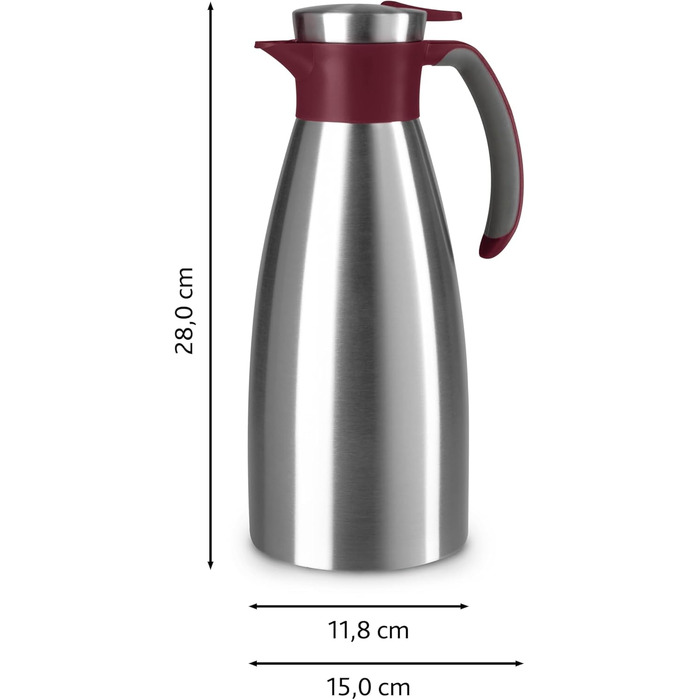 Emsa Soft Grip Insulated Thermos, 1.5 Liter, Stainless Steel, 12 hours hot + 24 hours cold, Leak-proof, Non-slip Grip, Color Burgundy N4120500