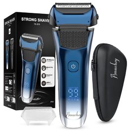 Електрична бритва чоловіча з 3 гнучкими лезами та тримером, синя. Бритва для вологого та сухого гоління, з кейсом для подорожей, акумуляторна, 120 хв роботи. Подарунок для чоловіків