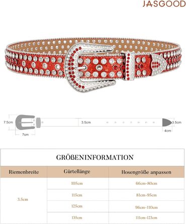 Жіночий шкіряний ремінь JasGood з камінням, в стилі вестерн, ковбойський, з заклепками для джинсів та штанів (Червоний, 135 см - підходить для розміру штанів 111-123 см)