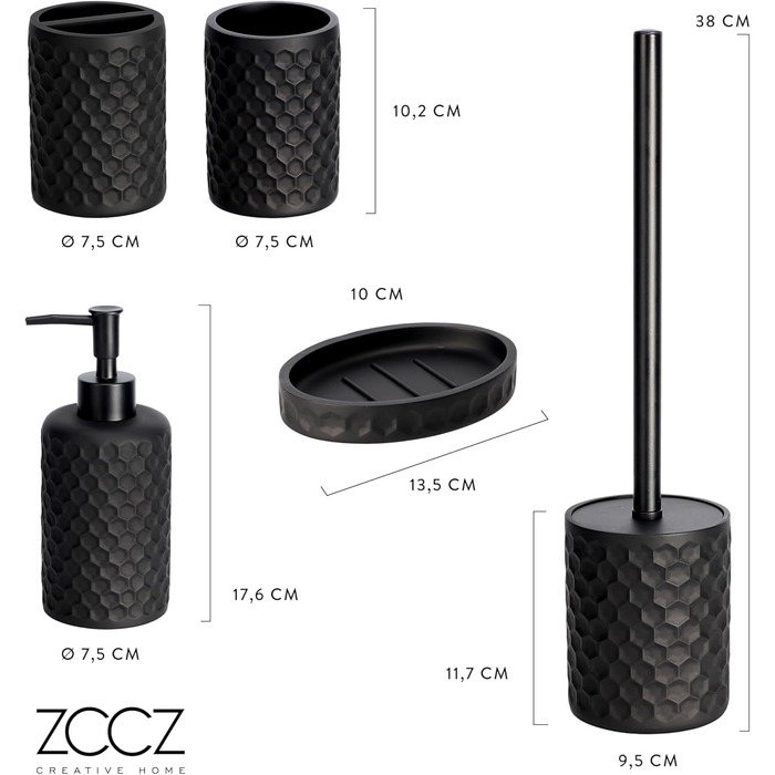 ZCCZ Bathroom Set – 5-Piece Organizer Set with Toilet Brush, Toothbrush Holder, Soap Dispenser, Soap Dish – Stylish Décor with Geometric Hexagon Pattern in Black for Modern Bathroom