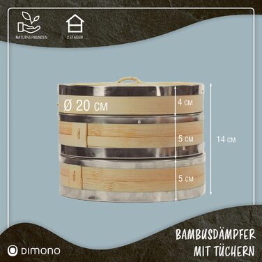 Пароварка Dimono® з бамбука та нержавіючої сталі, 2 яруси, з кришкою. Підходить для приготування рису, овочів, м'яса, риби, дим сум, "Ø 24 см"