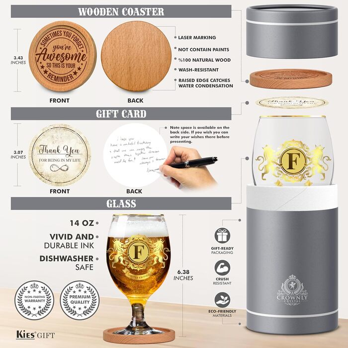 Пивний келих CROWNLY CRYSTAL® з гравіюванням для чоловіків (S) - Персоналізований подарунок татові, дідусю, другу на день народження