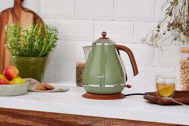 De'Longhi Icona Vintage KBOV2001.GR Kettle - 1.7 l with water level indicator and 360° base, Stainless steel in an elegant retro look with chrome details, 2000 W, 23.01 x 23.01 x 26.49 cm, Olive Olive Single