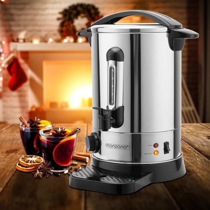 MONZANA® Glühwein Warmer 6.8L with Tap, Drip Tray, Thermostat (30-110°C), Hot Beverage Dispenser, Stainless Steel, Canning Pot, Punch Warmer, Hot Beverage Machine (8.8 L)