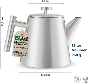 Заварник для чаю Teekanne з ситечком, 1 л, нержавіюча сталь, з функцією підігріву та пробковим підстаканником, двостінний чайник для листового чаю та трав'яних настоїв