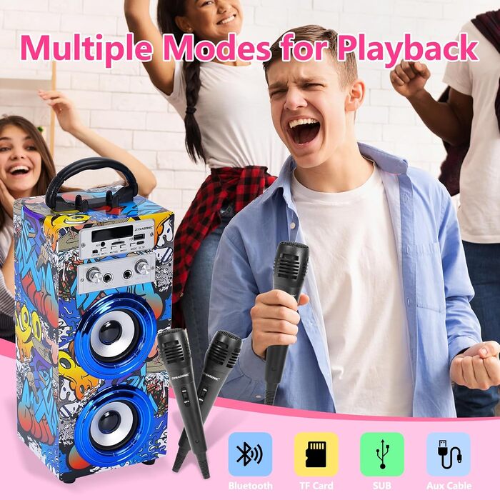 Караоке DYNASONIC з 2 мікрофонами, портативна караоке-машина, Bluetooth-динамік, USB та SD-картрідер, світлові ефекти, подарунок для дітей 5-13 років (Model 16 lights)