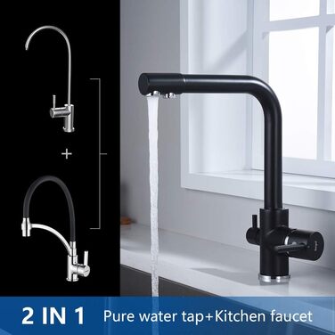 Кухонний змішувач 3-в-1 з поворотним виливом 360°, з двома важелями, для фільтрації води, гарячої та холодної води, високого тиску, з 3 шлангами 50 см, нержавіюча сталь, матовий чорний