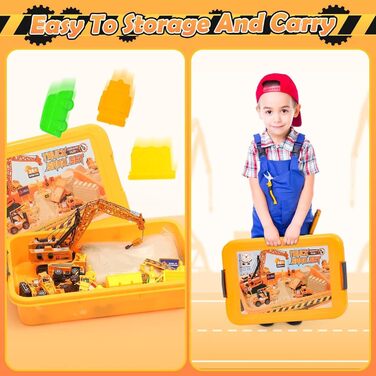 Tacobear Construction Site Magic Sand Case Sensory Toy Gifts Boy 3-8 Years with 1kg Kinetic Sand, Crane Toy, 5 Mini Vehicles & 14 Sand Molds, Sand Play Toy, Magic Sand Gift for Kids