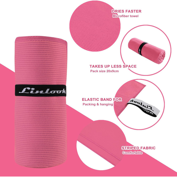 Рушник Linlook з мікрофібри - великий, компактний, швидковисихаючий. Ідеальний для спорту, подорожей, йоги, пляжу, тренажерного залу. (Зелений, Рожевий, 180x80 см)