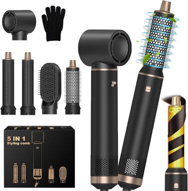 Професійний стайлер для волосся 5 в 1: фен, плойка, щипці, щітка для об'єму та випрямлення, іонний, для всіх типів волосся, чорний