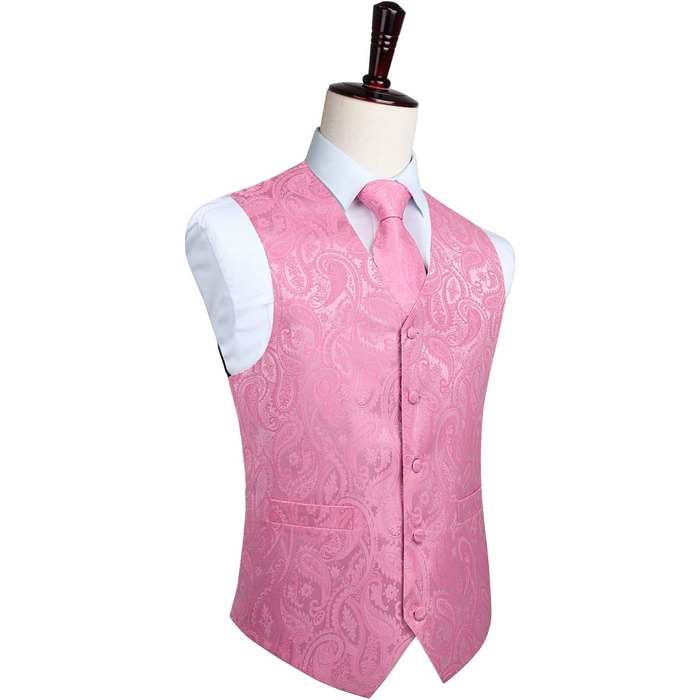 Жаккардова жилетка для костюма чоловіча Enlision на весілля з краваткою та нагрудником. Квітковий візерунок Paisley, рожева, XL