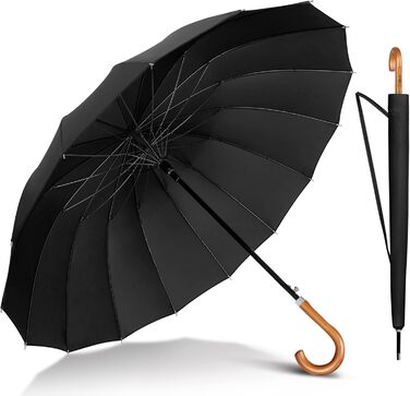 NINEMAX Large Windproof Umbrella - Wooden Handle Stick Umbrella for Men & Women - 16 Ribs Automatic Open - Double Layer Black
