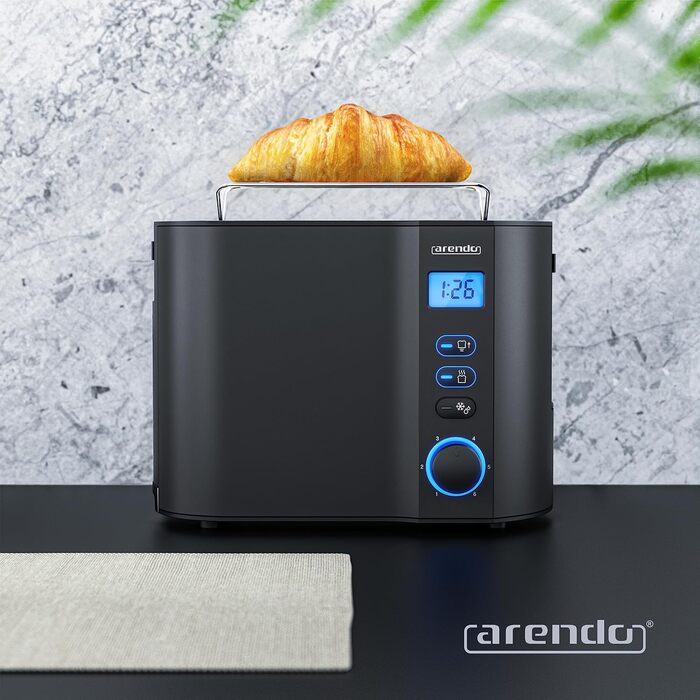 Тостер Arendo на 2 скибки, нержавіюча сталь, 800 Вт, LCD-дисплей, 6 режимів, підставка для булочок, чорний