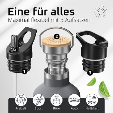 Фляга для води з нержавіючої сталі з трубочкою та інфузером, 3 кришки: BPA-free, не протікає, підходить для газованої води - спортивна фляга, термофляга, ізотермічна фляга, дитяча фляга для чаю (950 мл, Cool Grey Bamboo)