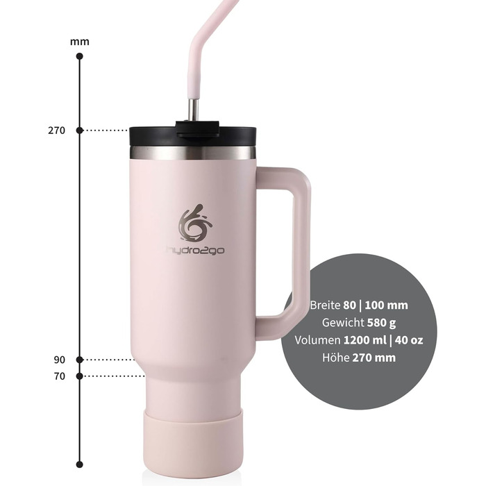 Термокружка Hydro2Go з трубочкою – BPA-free, придатна для миття в посудомийній машині, 10 годин гаряче/12 годин холодне, термокружка To-Go (1200 мл, Рожевий)