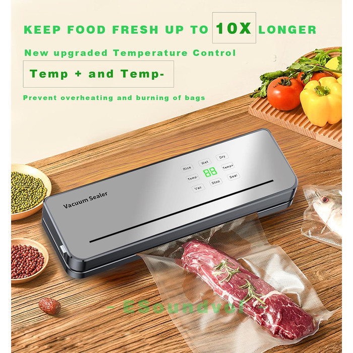 Вакуумний пакувальник ESoundvol 8-в-1 з контролем температури, вбудованим різаком та LED-дисплеєм для зберігання продуктів, 10 пакетів