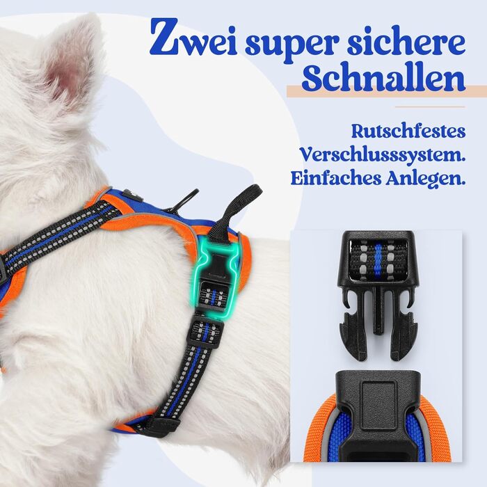 Нашийник для собак Rabbitgoo середнього розміру, анти-тяга, регульований, для великих собак, дихаючий, з світловідбиваючими смугами, безпечне керування, L (Синій+Помаранчевий, XS (1 шт.))